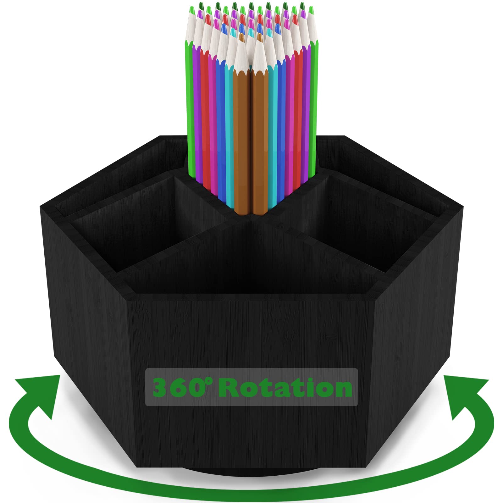 Houtingmaan Art Caddy Organizer for Kids, Bamboo Pencil Organizer with 7 Compartments, Pen Storage, Marker Holder, Desk Caddy, Black