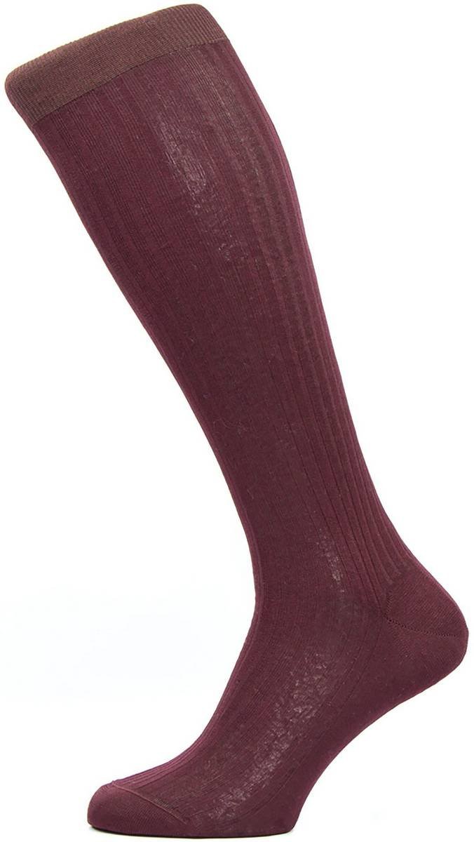 Pantherella Mens Vale Rib Over the Calf Cotton Lisle Socks - Burgundy - Medium