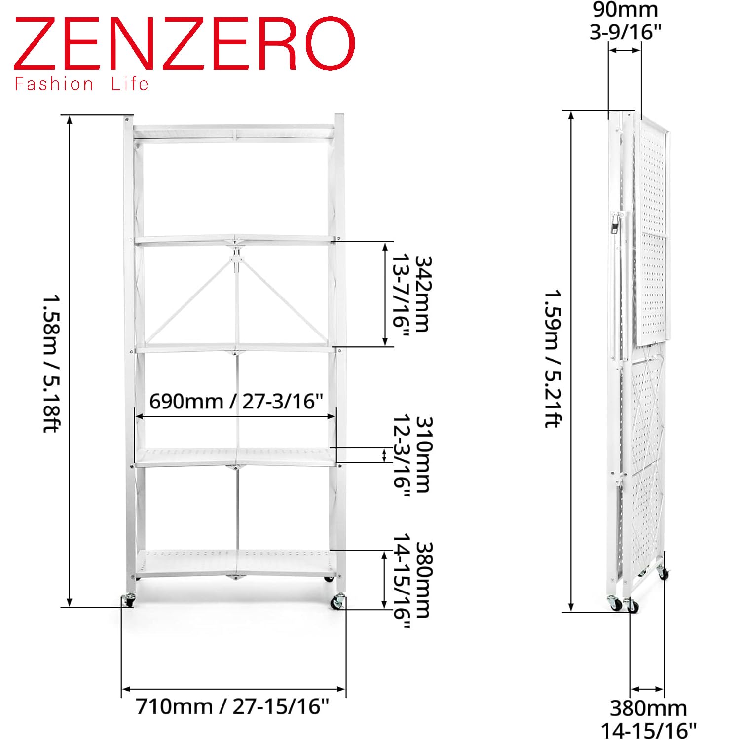 ZENZERO®Scaffale da cucina con rotelle - SCAFFALE PIEGHEVOLE in Metallo con Ruote - Scaffale Cucina Salvaspazio - 158 × 71 × 33 cm- Capacità 240kg(Bianco/Nero, 5 Scaffali)