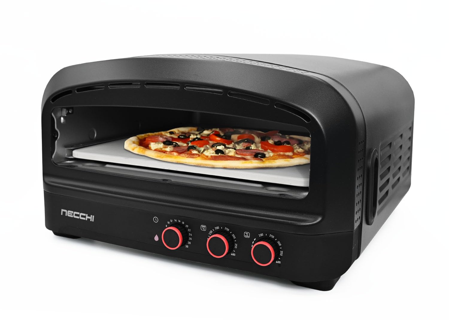 Necchi Forno Pizza 2200W, fino a 400°C per cottura professionale. Pietra refrattaria, timer 30 min, doppio riscaldamento. Capacità 20L, ideale per pizze fino a 27 cm.