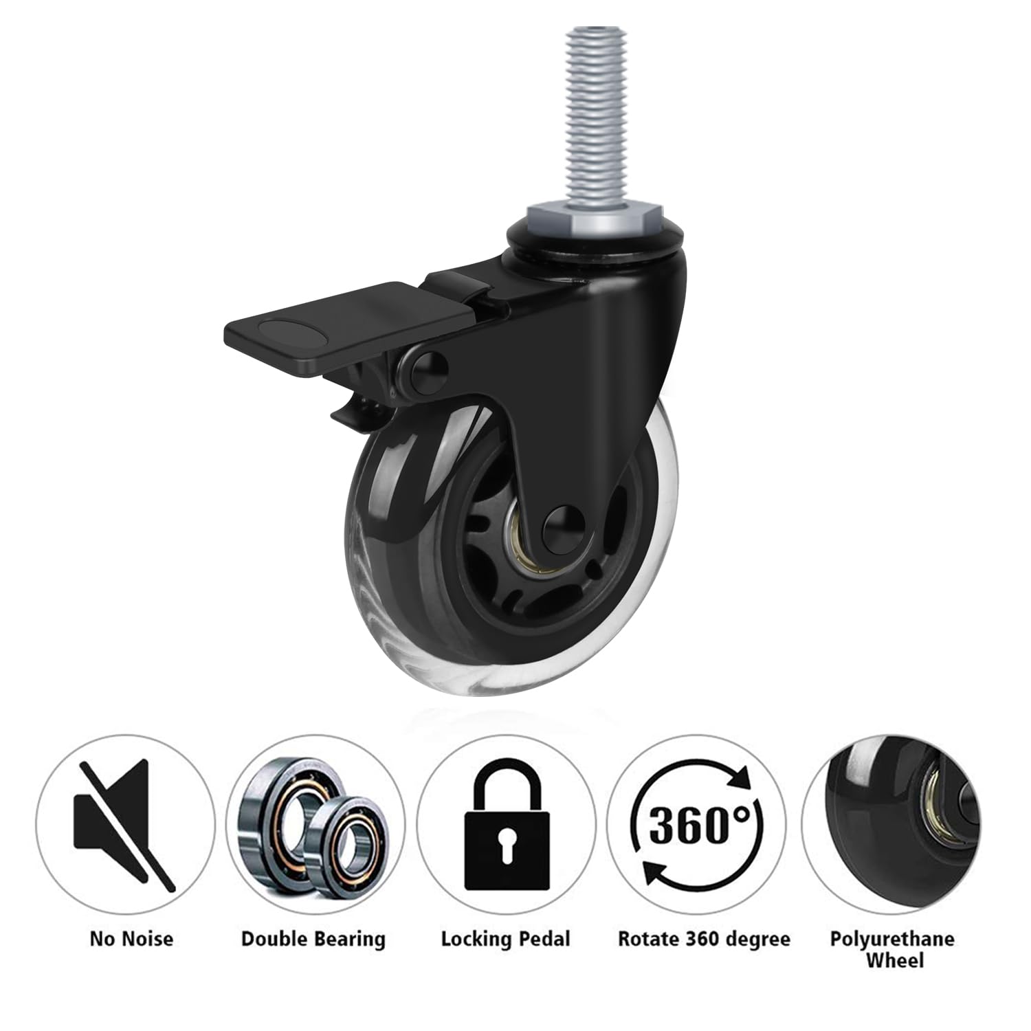 8T8 3 Inch Caster Wheels Heavy Duty with Brakes, Rubber Casters with 1/2"-13 x 1-1/2" Threaded Stem (Screw Diameter 1/2", Length 1.5"), Quiet and Smooth Rolling Castors, Set of 4