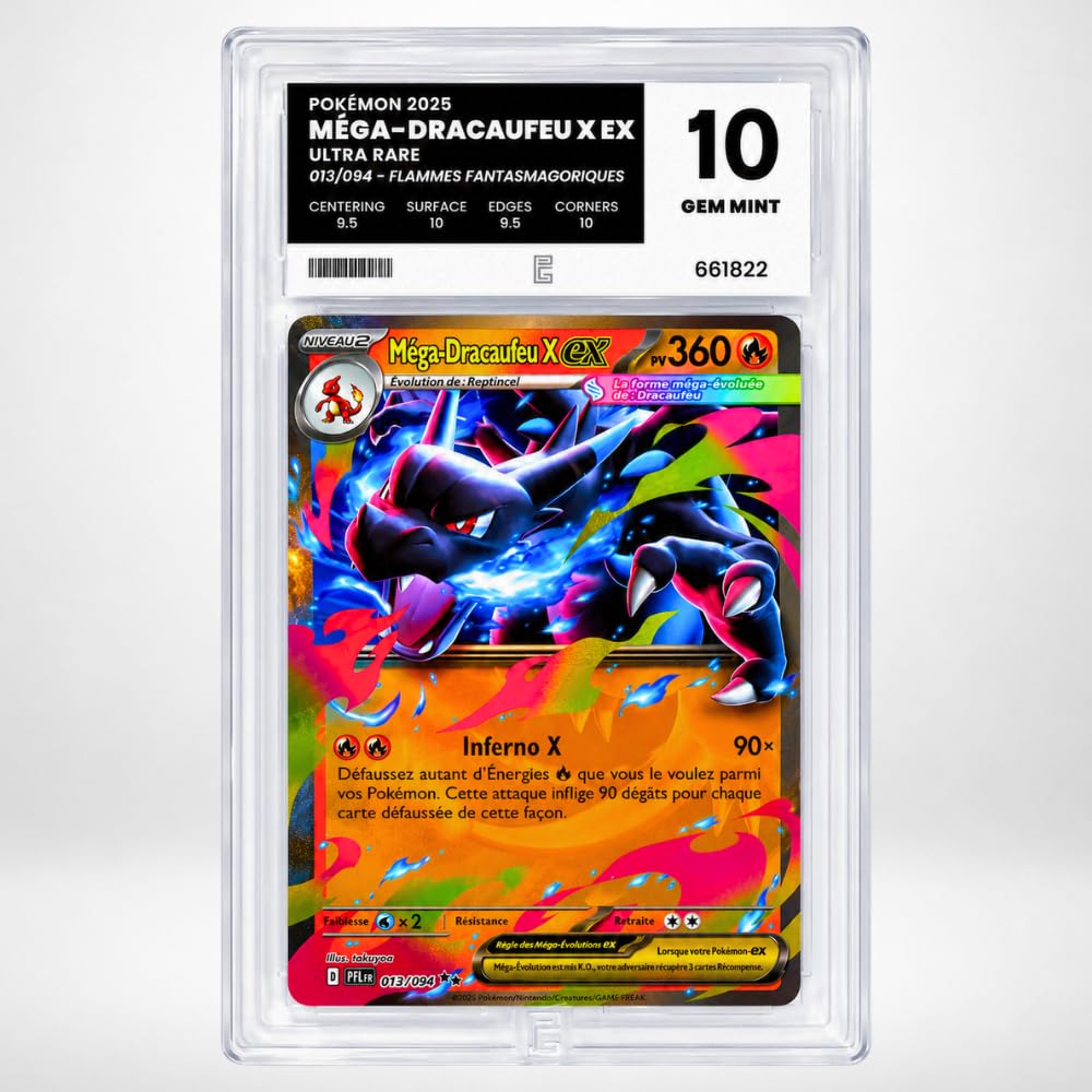 Karta Pokemon Mega-Charizard X EX 013/094 - Fantasmagoryczne Płomienie - Note 10 Gem Mint - wersja francuska - w czystej obudowie z gradingiem