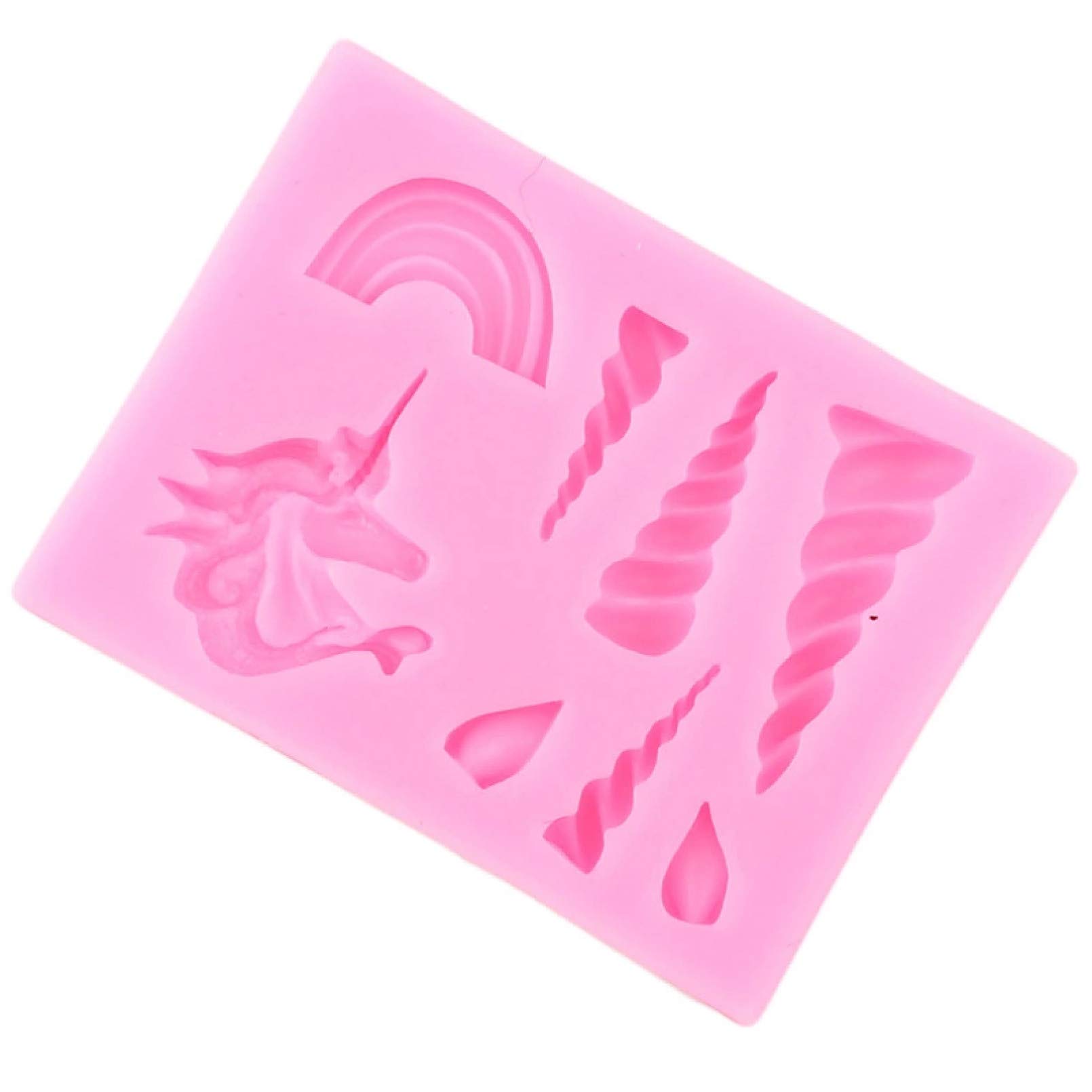 RFGHAC Set di 4 stampi in silicone a forma di unicorno, orecchie di corno, rosa, fiore arcobaleno, fondente, decorazione per torte, cupcake, cioccolato, caramelle, argilla polimerica, pasta di gomma