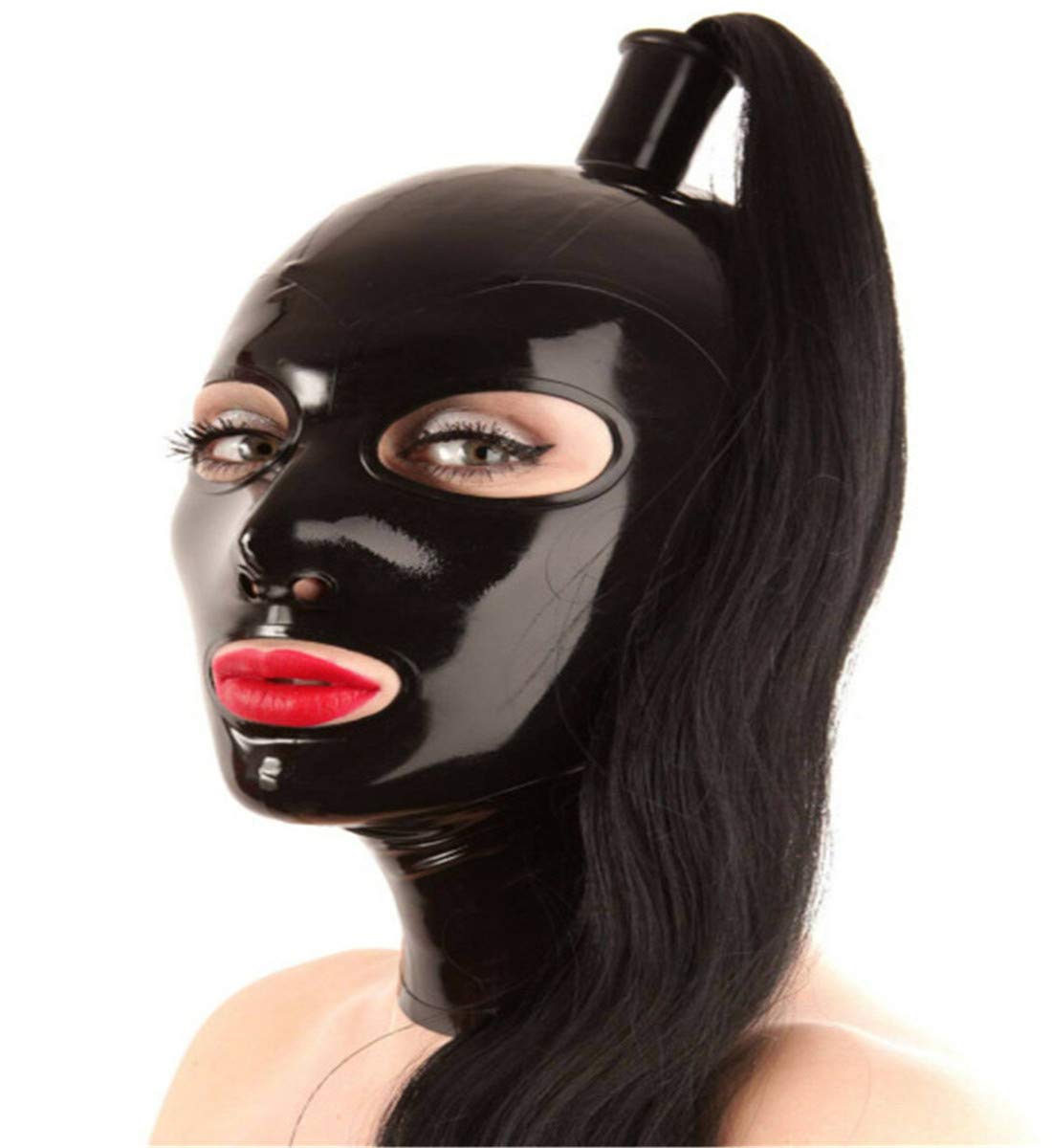 MFMYEE Masque en latex avec perruque en latex, coiffe BDSM bondage cosplay, masque de fête Halloween. (M)