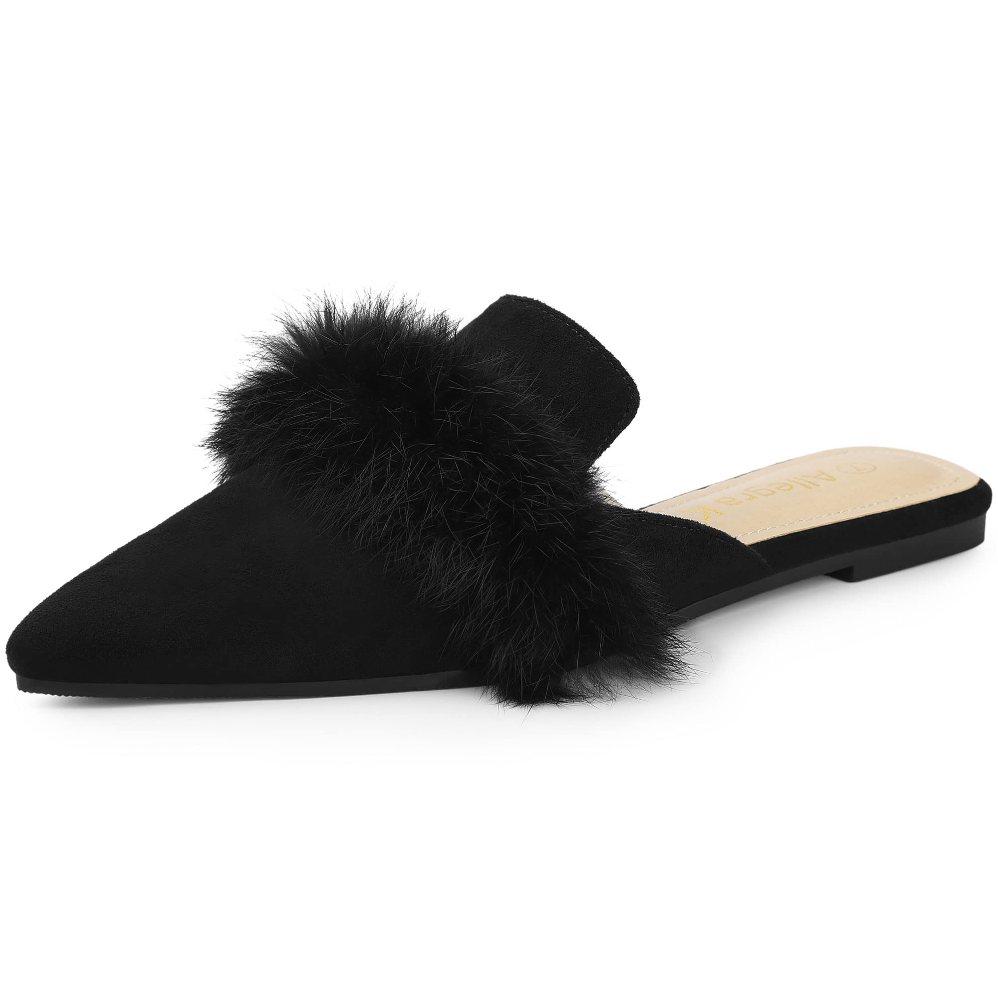 Allegra K Women's Pointed Toe Faux Fur Slip on Flat Slide Mules