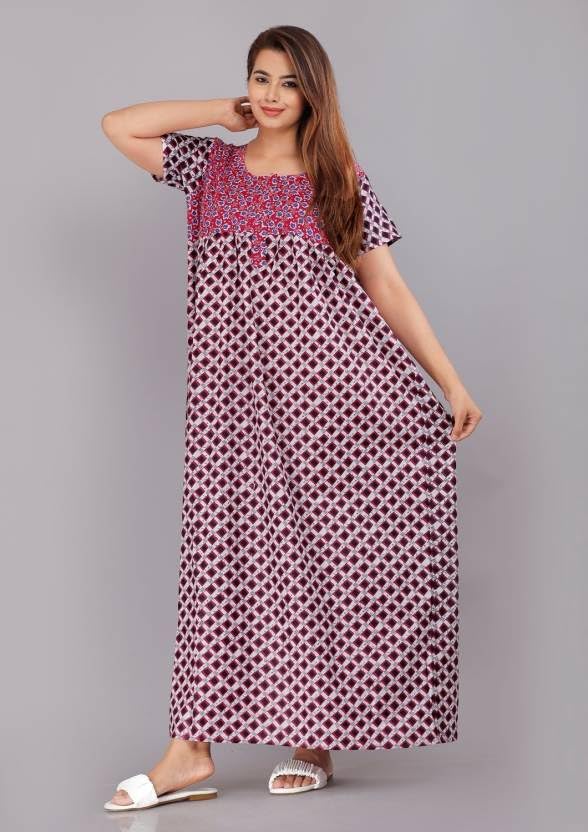 Image of Women Flower Printed Casual Wear Cotton Nighty - Gown-MFNT5014