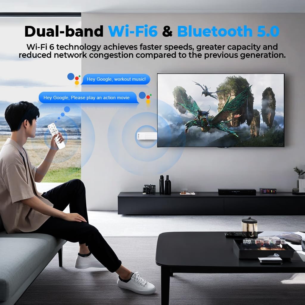 Image showing a person using the voice remote control with the Android TV Stick 14.0, displaying voice commands on the TV screen.