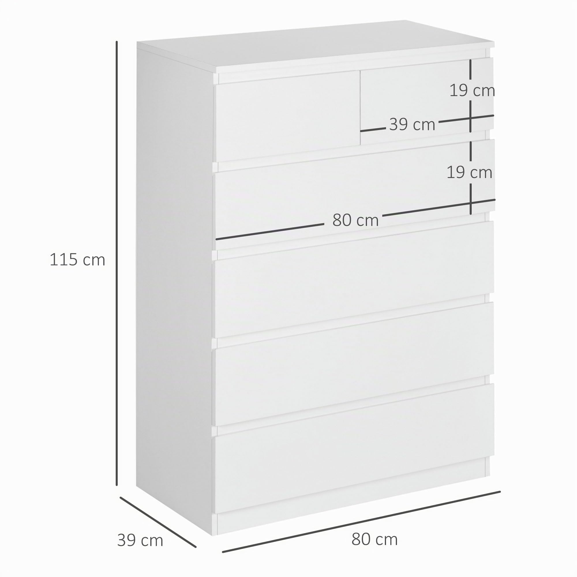 HOMCOM Cassettiera 6 Cassetti Design Antiribaltamento 80x39x115 cm Bianco | Mobile Contenitore, Legno Truciolato, Camera da Letto