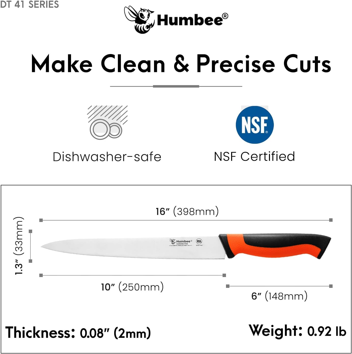 10-Inch Slicer Knife Razor-Sharp Blade Kitchen Knife with Comfortable Grip Handle, DT 41 Series, Orange