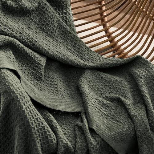 Image of Bedsure 100% Cotton Big Blanket Oversized King for Bed - Large Breathable Thick Cooling Waffle Weave Blanket for Summer, Couch Cover, Olive Green, 120x94 inches