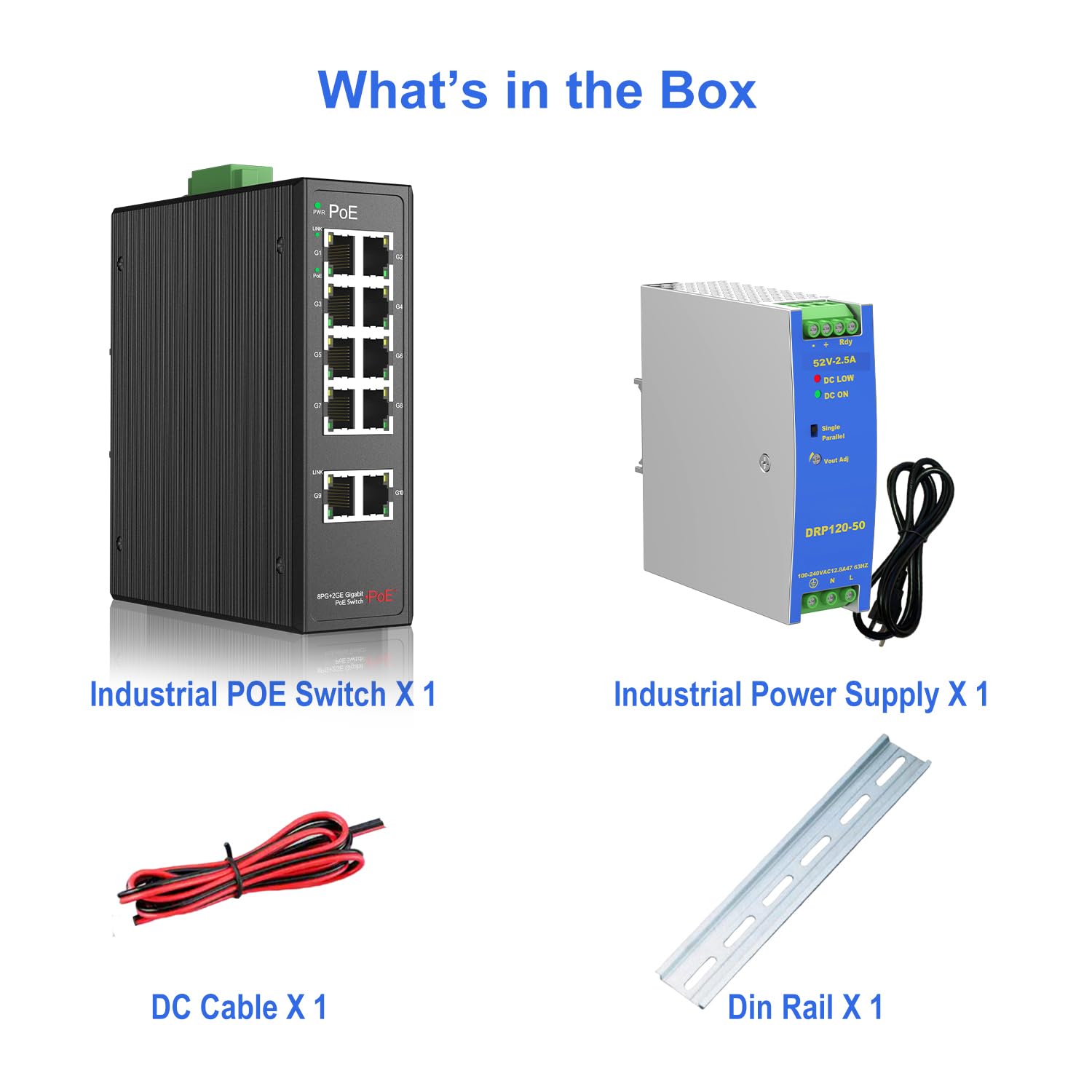 Industrial 8-Port Full Gigabit POE+ Switch with Industrial DIN-Rail Power Supply, 2 Gigabit Uplink Port, Total 120W Budget, DIN-Rail POE Switch for IP Cameras, VoIP Phones, Wireless APs