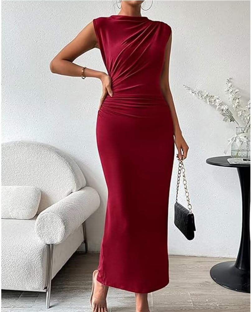 Women Sleeveless Ruched Slit Bodycon Dresses Tea Party Dress Semi Formal Dresses for Women - Image 6