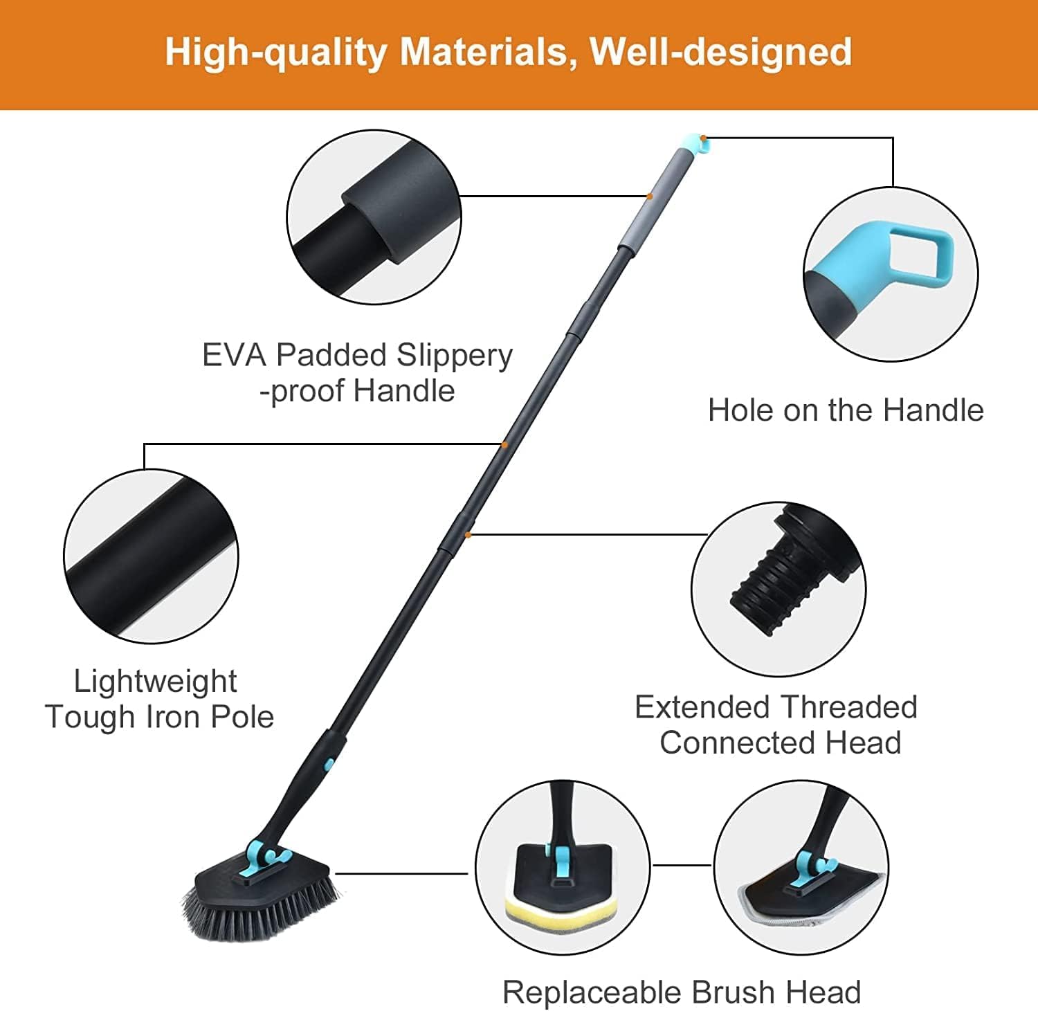 GLITZEN 3-in-1 Bathroom Cleaning Brush with Long Handle | Flexible Duster with Bristles, Microfiber & Scrubber Heads for Tiles, Bathrooms, Windows – 58.2” Telescoping Pole, Detachable Heads (Multi) 1