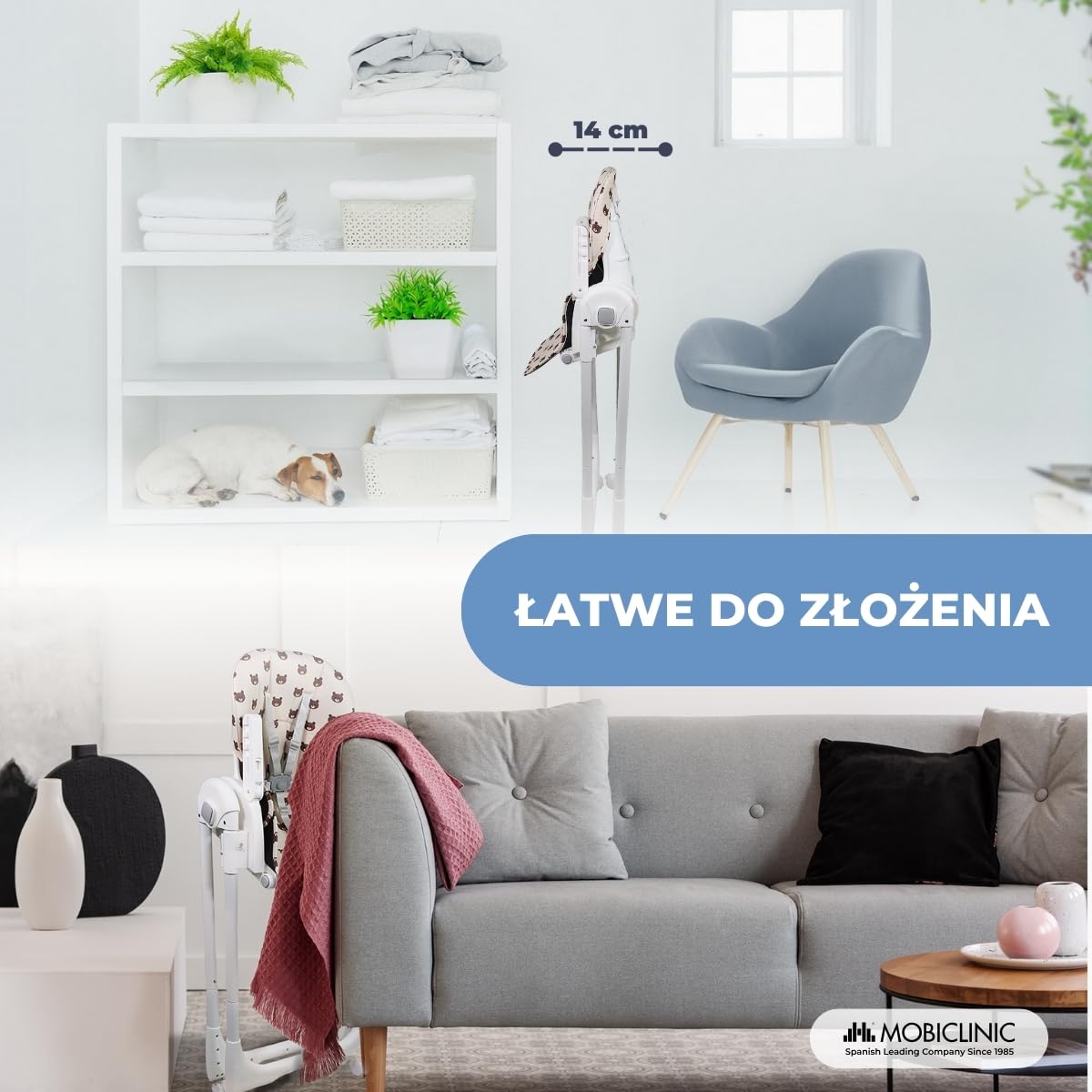 Mobiclinic®, Wysokie krzesełko dla dziecka, Evolutive, Dodatkowe składanie, Możliwość przekształcenia w krzesełko, Simba, 5-punktowe, Kółka z hamulcami, Podwójna wyjmowana tacka
