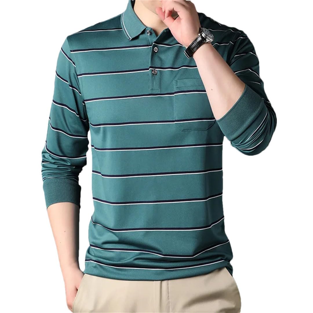 Polo a rayas para hombre, cuello vuelto, bolsillos, manga larga, suéter suelto