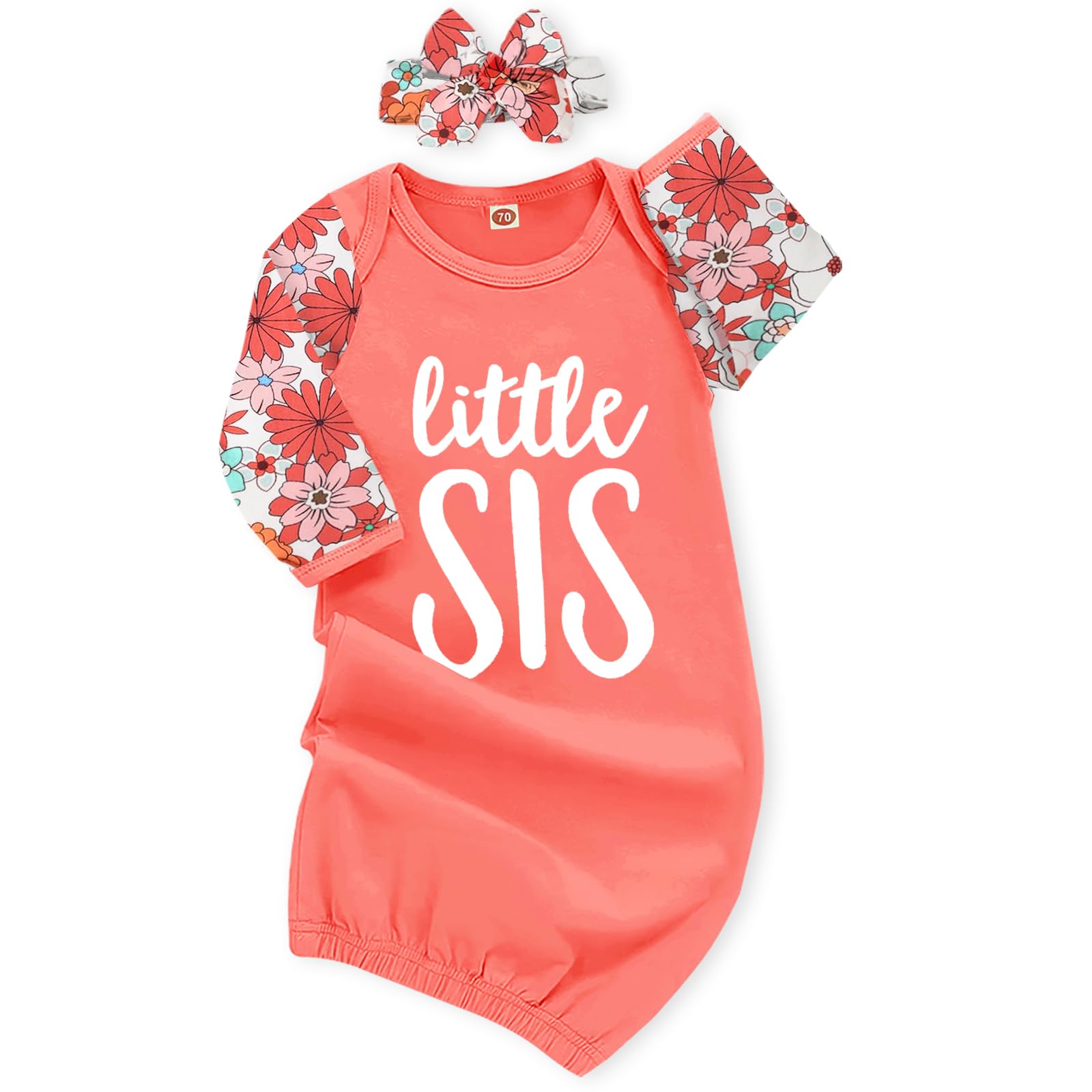 AMAWMW Newborn Baby Girl Little Sister Sleeper Gown Stripe Long Sleeve Nightgown Pajamas Gifts Stuff Essential Outfit O Orange Flower Sleeve 0-6 Months