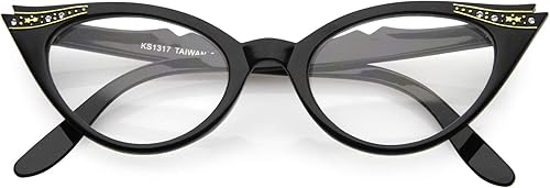 Lentes de ojo de gato con diamantes de imitación retro adornados con lentes transparentes para mujer, 2.008in