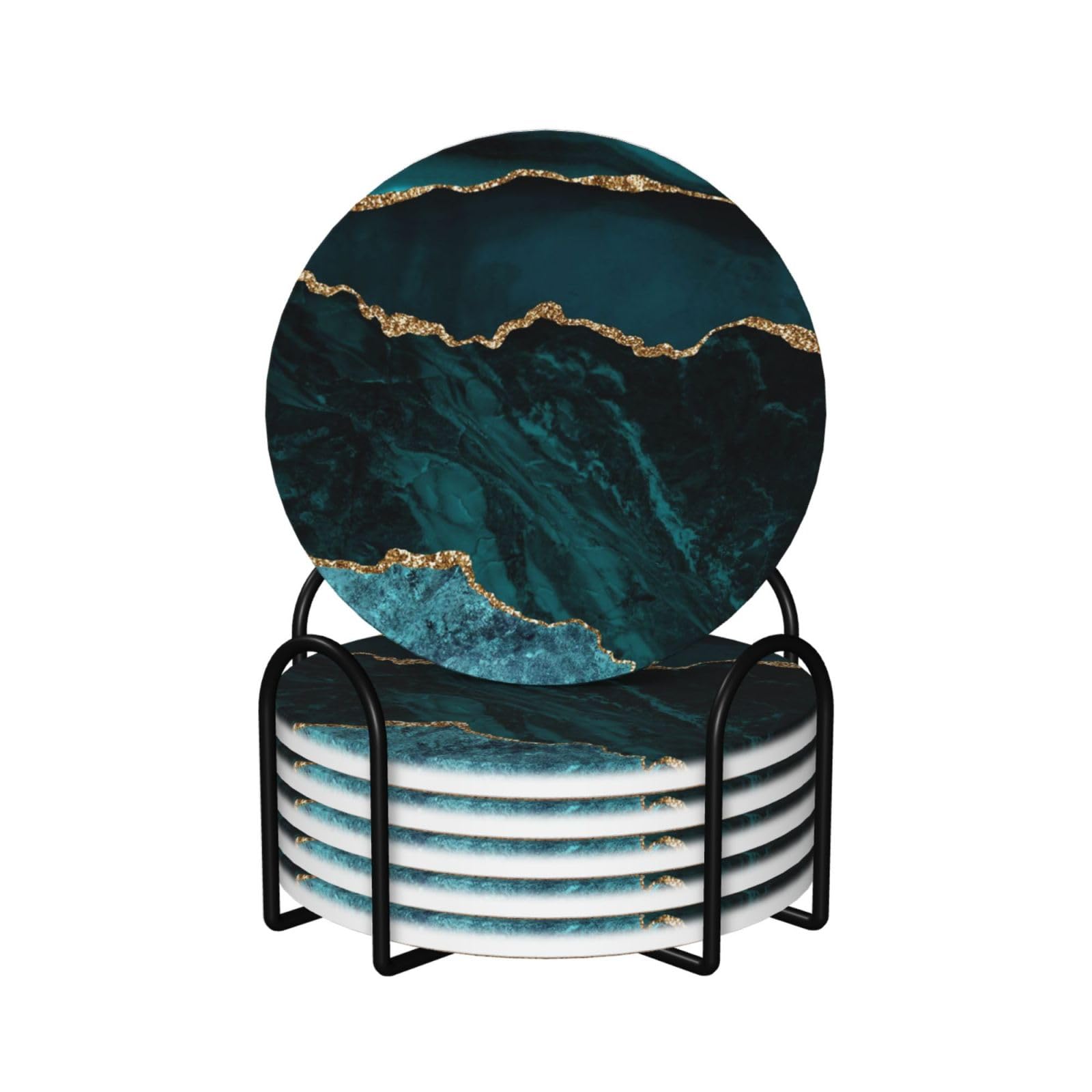 Yxdvpalne As Picture Teal Emerald Marble L And Scapes,Round Ceramic Coasters, Mugs Pad, Cups Mat Set Of 6 Drinks Coasters With Holder