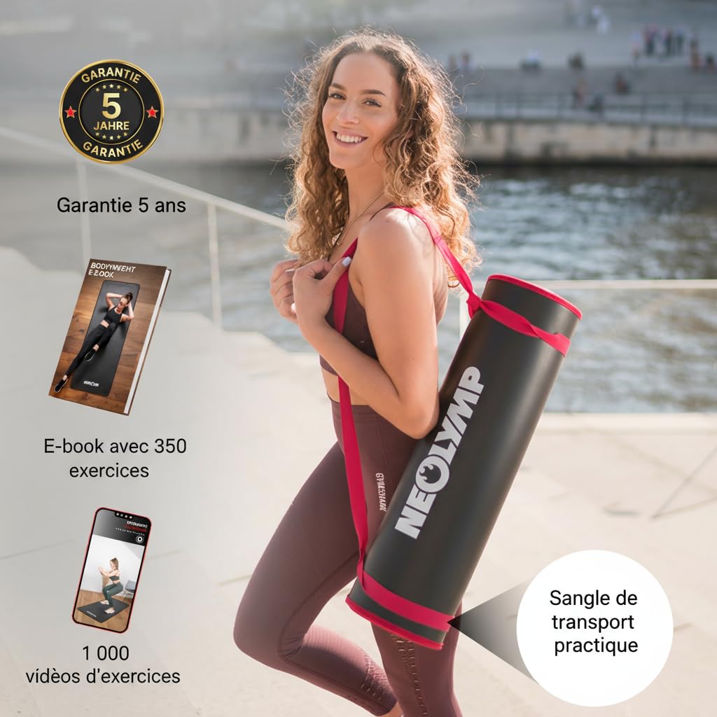 NEOLYMP Tapis de Fitness Extra épais et antidérapant avec E-Book Fitness et Sangle de Transport - Tapis de Pilates, Tapis de Yoga, Tapis de Sport, Tapis de Gymnastique