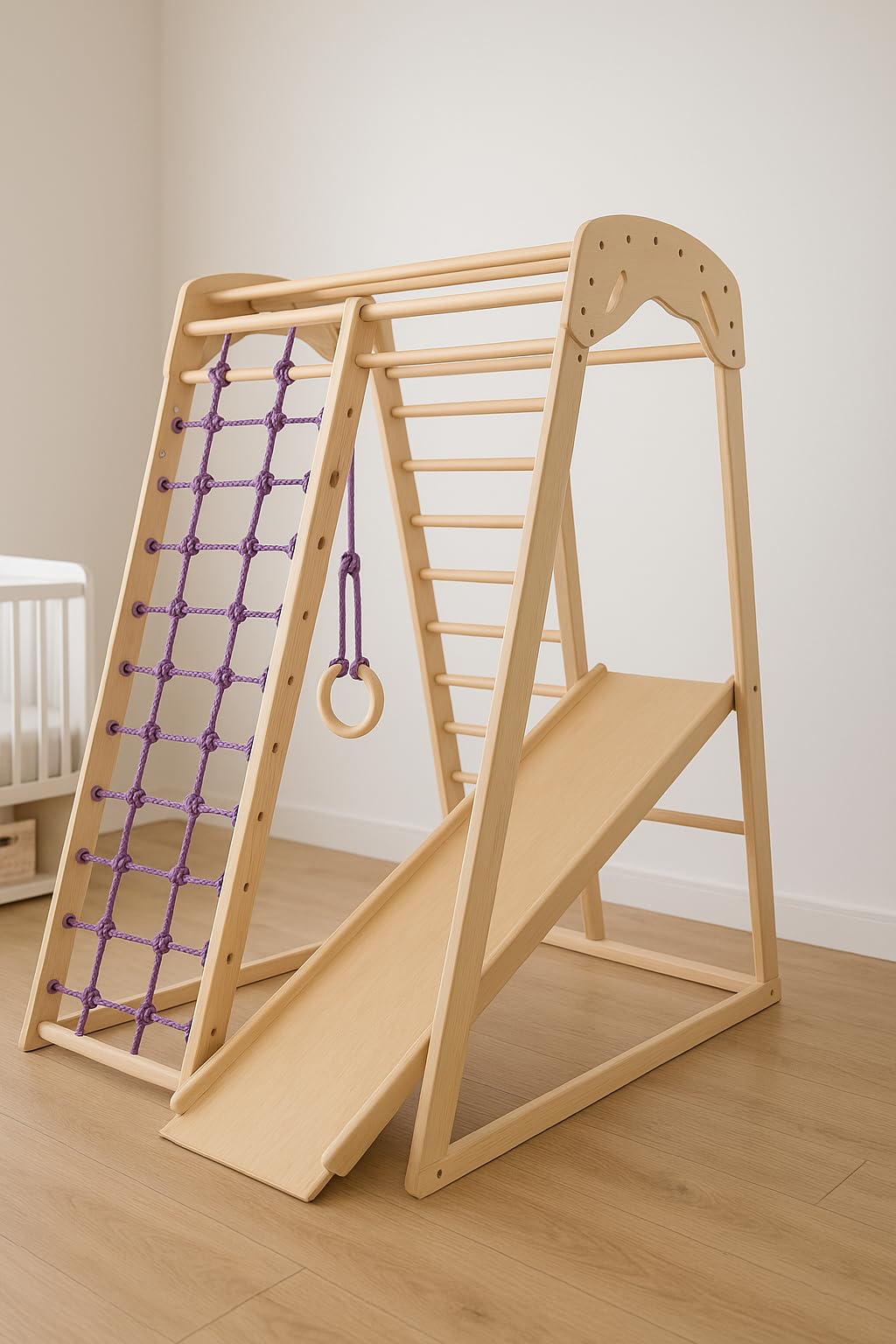 Kinder zu Hause aus Holz Spielplatz mit Rutschbahn ˝Junior-Lak˝ Kletternetz Ringe Kletterwand