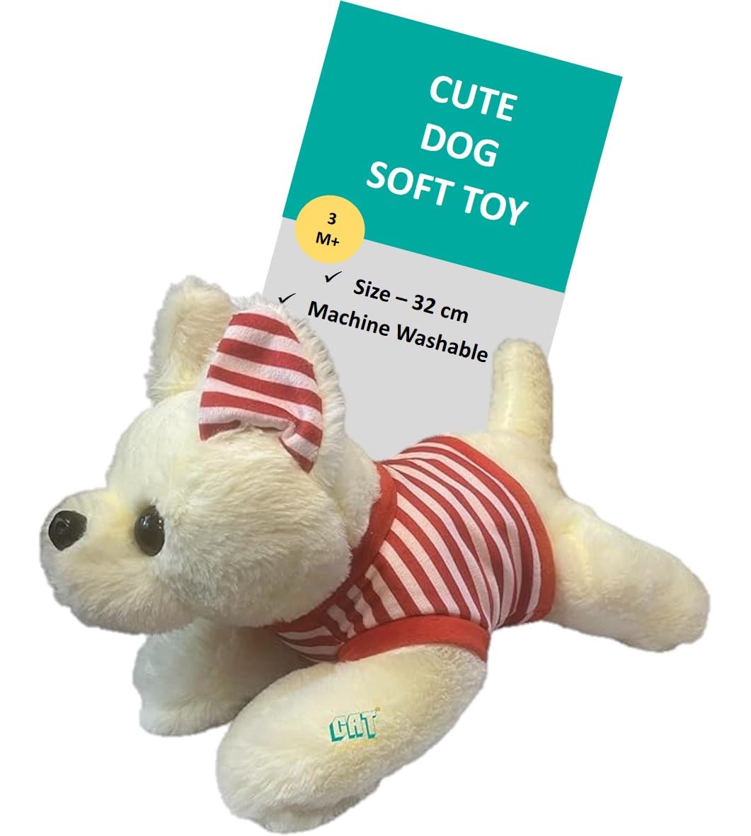 Crazy About Toys - Cute Dog Soft Toy for Kids/Girls/Boys | Cute Chihuahua | Snowy White Fur Puppy | Vibrant Striped Pattern Jersey | Bedtime Friend | Safe | 32cms
