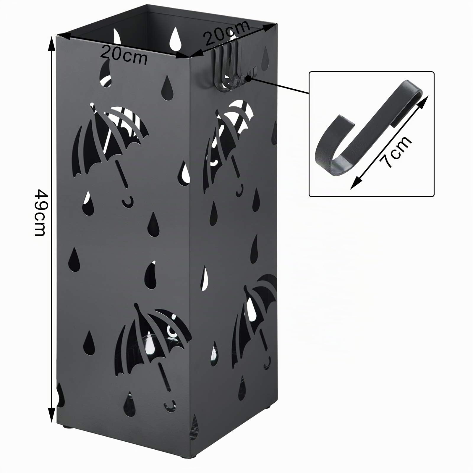 WOLTU Portaombrelli in ferro con vaschetta antigoccia, 4 ganci per gli ombrelli tascabili, (L x P x A) 20 x 20 x 49 cm, antracite, rettangolare