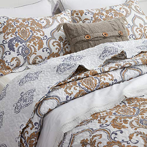 Image of CHIXIN Full Size Bedspread Quilt - Luxury Collection - European Damask Paisley Pattern - Classic & Gorgeous Bedding Cover, Lightweight, Ultra Soft, 5 Piece, 100% Microfiber, White /Khaki /Grey