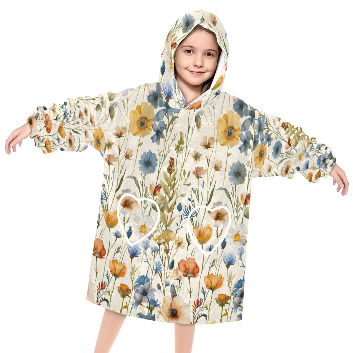 Wearable Blanket Hoodie for Kids, Bright Floral Fleece Sweatshirt Blanket Oversized Blanket Sweatshirt with Pocket Flannel Warm Hooded Blanket 6-10 Year Old Girl Boy Gift, One Size