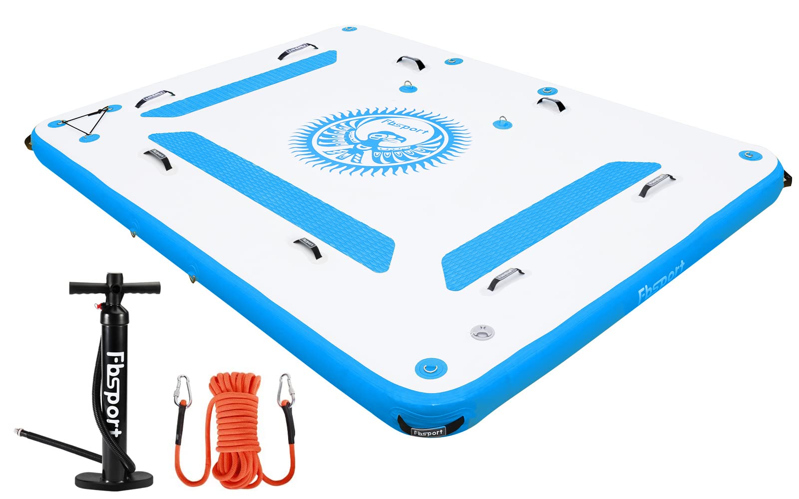 FBSPORT Inflatable Floating Dock Mat, 6 x 5 ft Inflatable Water Platform Swim Deck with None-Slip Surface, 6 Inch Thick PVC Construction, Floating Platform for Pool Beach Ocean