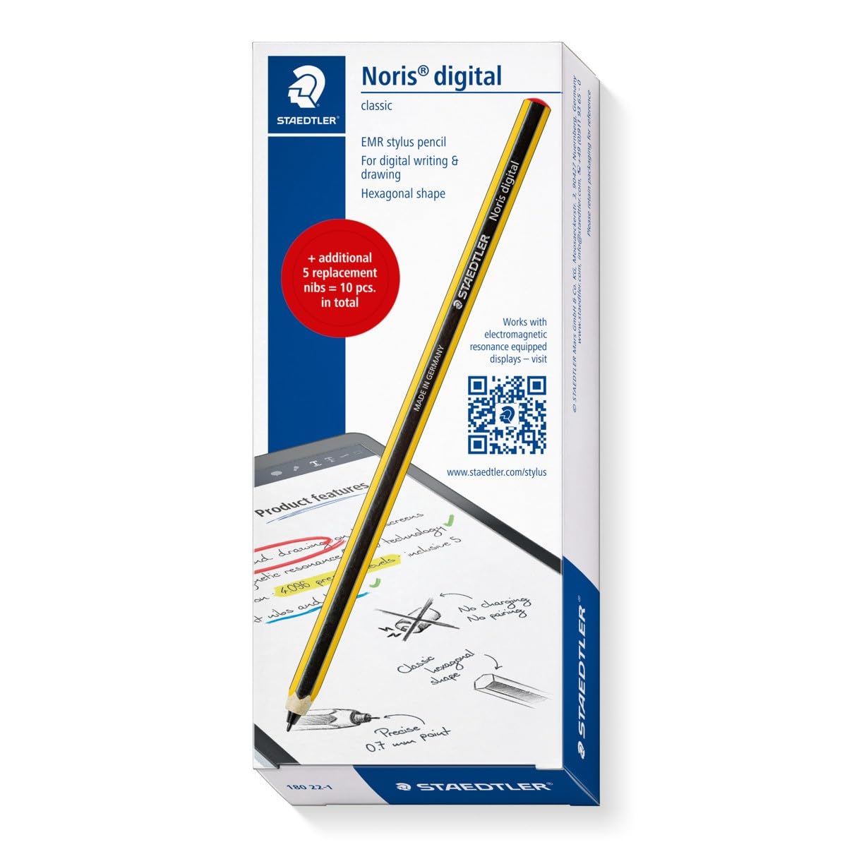 STAEDTLERNoris Digital Classic 180 22, EMR Stylus Set, 1 Stylus for Digital Writing and Drawing on EMR Touch Screens (4096 Pressure Levels, Fine Tip) + 5 Additional Replacement Tips, 180 22-1X