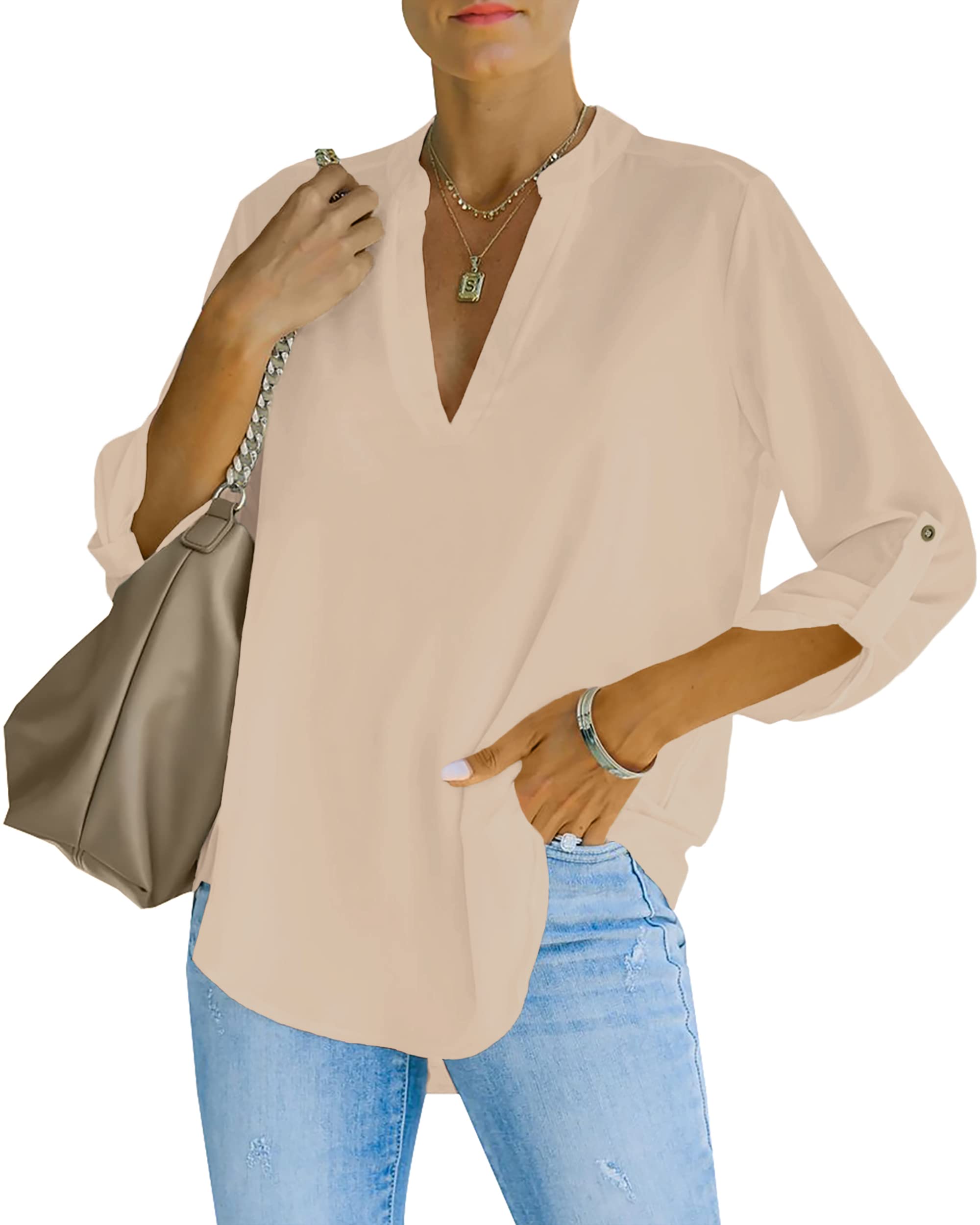 NONSAR Camicetta da donna Henley, elegante, con scollo a V, maniche arrotolabili, in stile casual