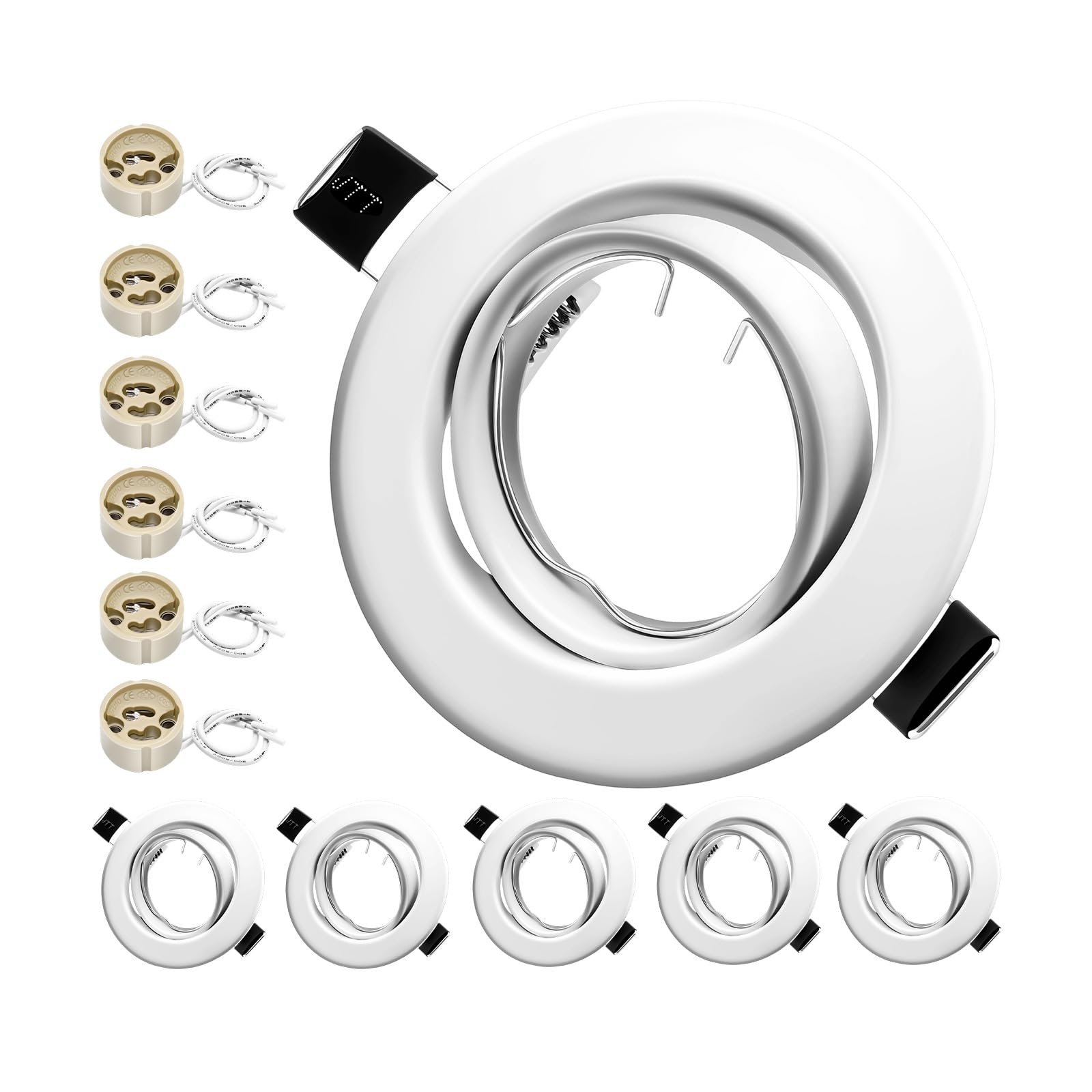 LteelDay 6-Pack Matte White Adjustable Recessed GU10 Light Frames – 30° Swivel Round Ceiling Mount, 90x90mm, Cut-Out 68-80mm, Includes 6 VDE Sockets