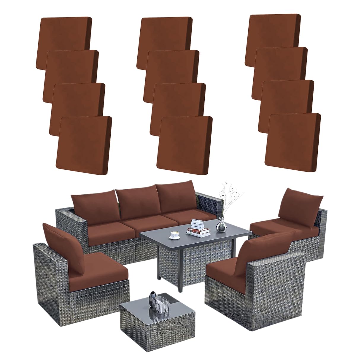 Hiseng 8/12/14 PCS Outdoor Cushion Covers Stretch Patio Cushion Covers Replacement Slipcovers Washable for Outdoor Sofa Cushions, Garden Furniture Set, Rattan Corner Sofa (Light Brown,12PCS)