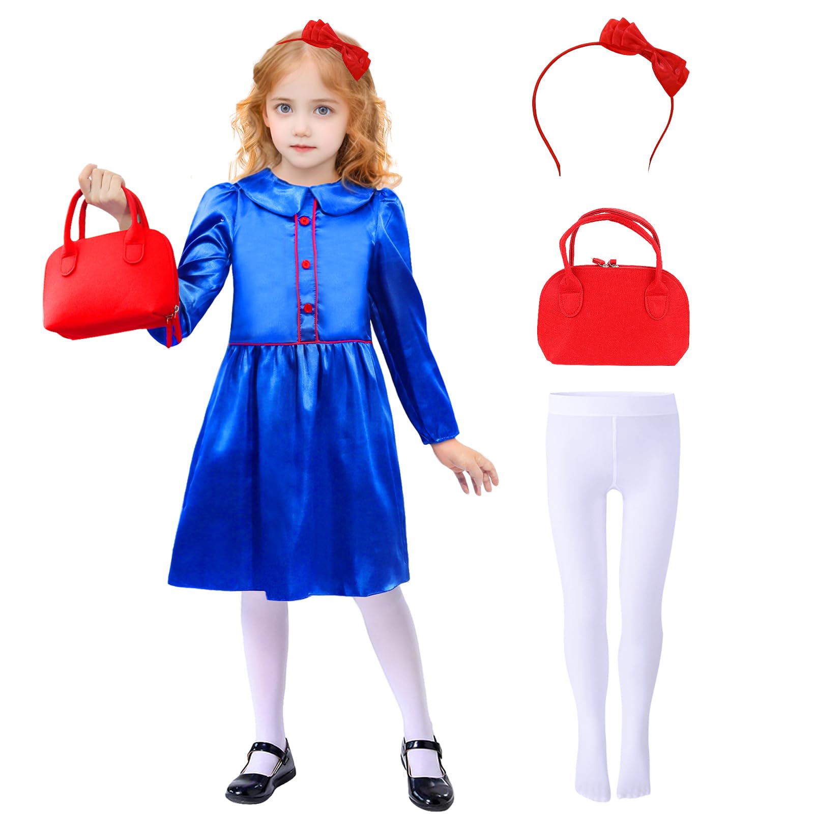 World Book Day Costumes for Girls, Girls Blue Dress Cosplay Costume Set-4Pcs with Dress White Stocking Bow Tie Headband Bag, World Book Day Halloween Theme Party Fancy Dress Costumes for Kids (10-12Y)