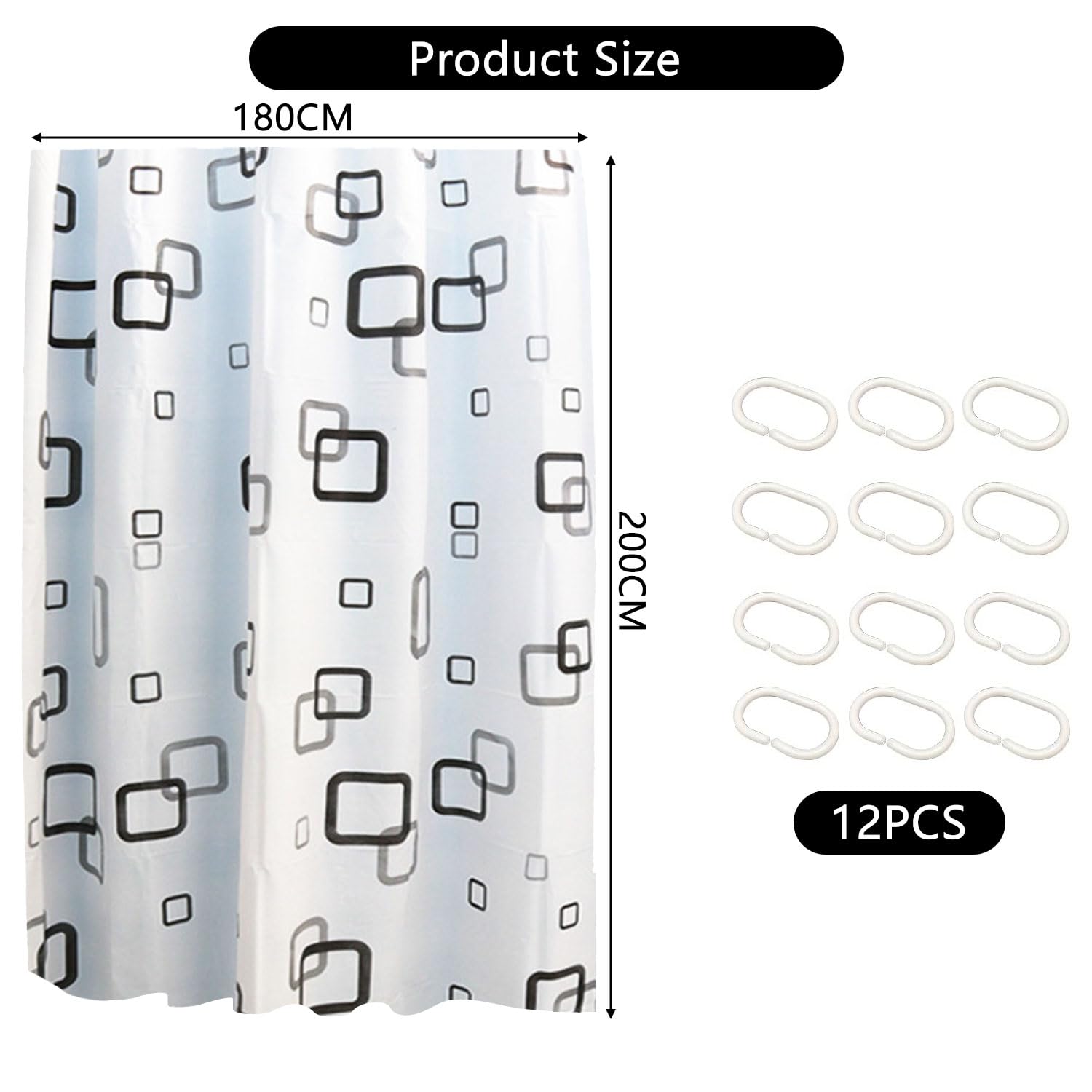 Cortina De Ducha Antimoho Impermeable PEVA 180x200 Cm - Lavable, Secado Rápido, Incluye 12 Ganchos, Para Bañera O Plato De Ducha
