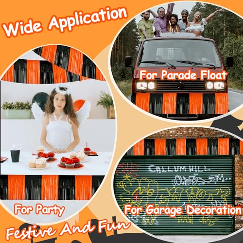 Image of 4 Pack 39 Feet Black Orange Halloween Parade Float Decorations for Trailer Car, Foil Fringe Tinsel Streamers Banner Garland for Halloween Graduation Homecoming Party Decoration (Black Orange)