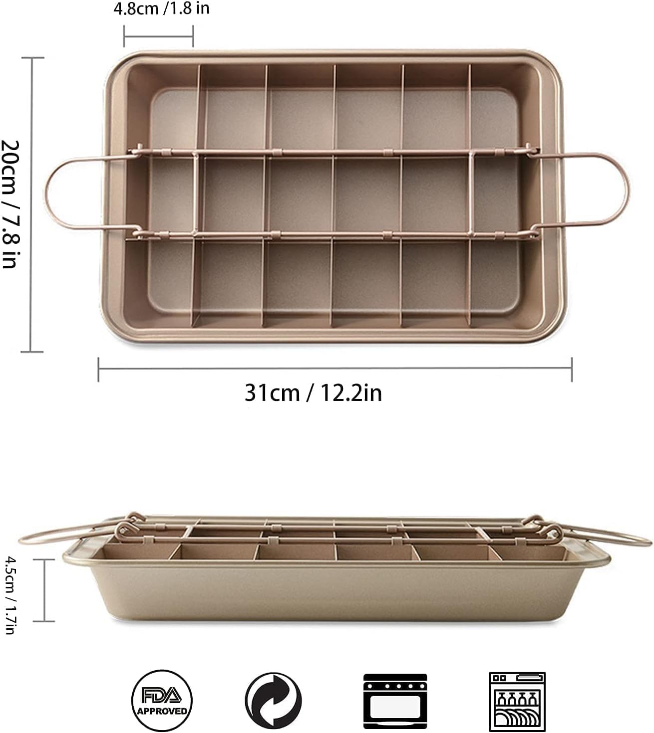 SVNR Brownie Backform,Antihaftbeschichtete Kuchenform Brownie mit Trennwänden,Antihaftbeschichtete Brownie-Pfanne für Professionelle Scheiben,Backblech Brownie,für 18 Vorgeschnittene Brownies