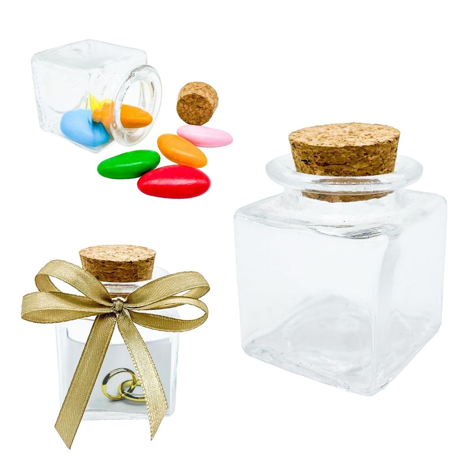 Doni Bomboniere Lot de 50 bocaux carrés, 6 x 4 x 4 cm, avec bouchon en liège, bocaux en verre transparent, haute qualité, personnalisable, bricolage, mariage, baptême, naissance, confirmation, remise