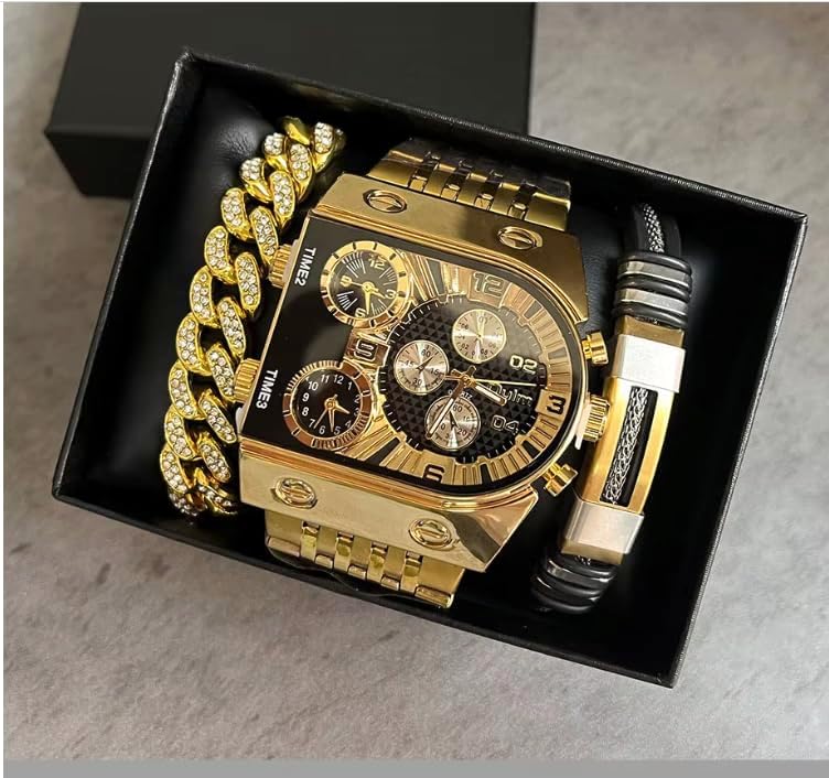 Miniatura 4 de Reloj de oro grande de lujo para hombre con pulseras de cuero, reloj cronógrafo de cara grande, eslabones cubanos y caja de regalo de pulsera de
