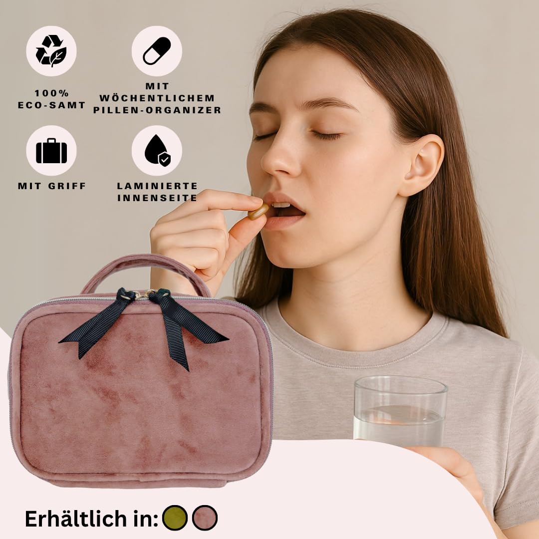 Bag-all Pill Pillenbox mit Wochendosierer | Tablettenbox mit Henkel und Reißverschluss | Reiseapotheke aus nachhaltigem Samt | Kompakter Medikamenten Organizer für unterwegs | Rosa Samt