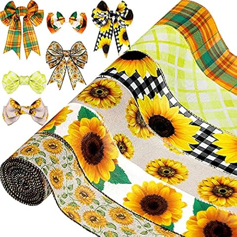 6 Rolls 30 Yards Sunflower Wired Edge Ribbons 2.5 Inch Summer Wired Burlap Ribbon Sunflower Buffalo Plaid Ribbons Sunflower Check Ribbon for DIY Wrapping Crafts Bow Wreath Home Outdoor Decoration Cover