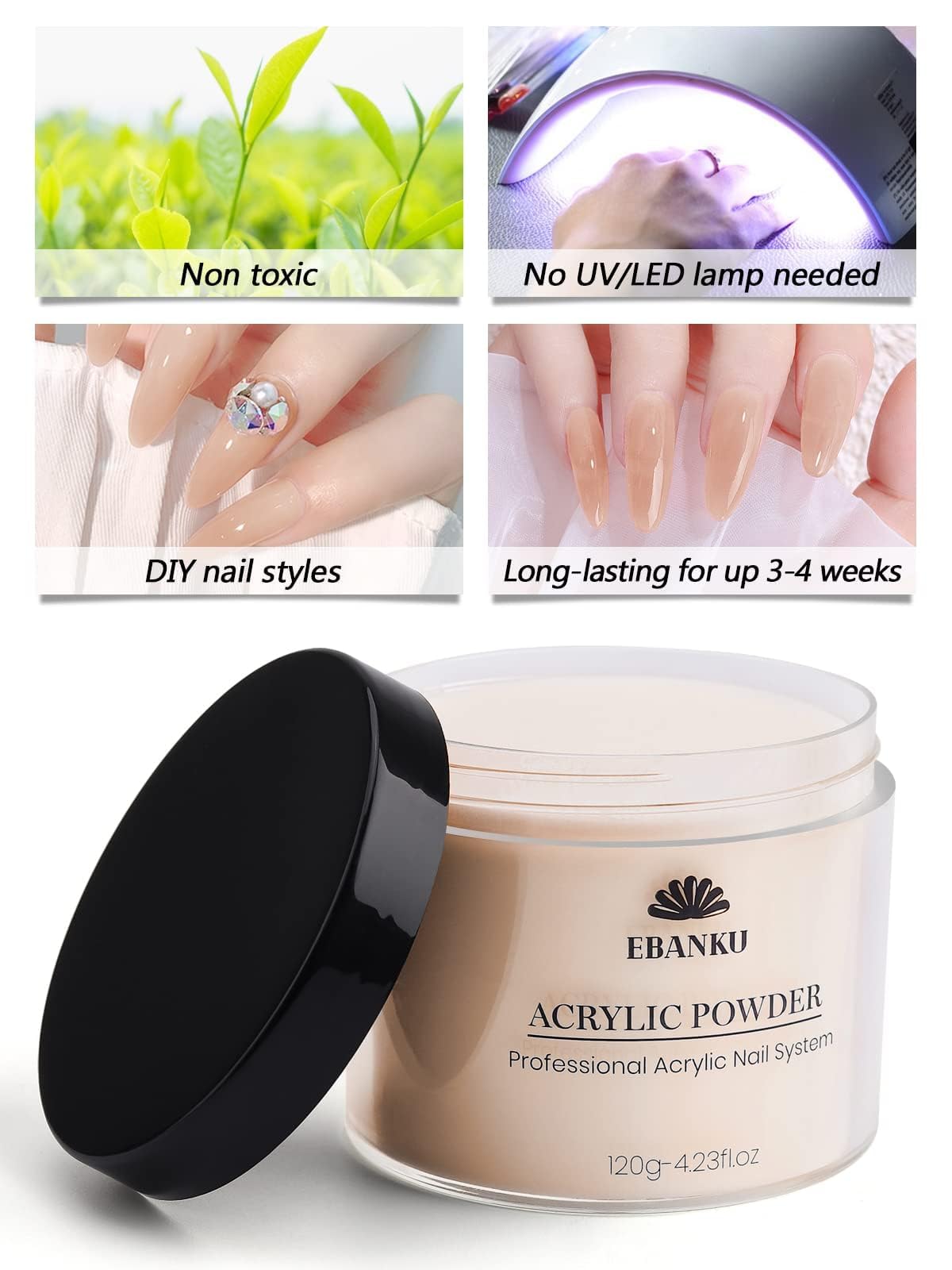 EBANKU - Polvere acrilica rosa 120 g/4,23 oz, polvere acrilica professionale di grande capacità per estensione e intaglio delle unghie in acrilico, lunga durata, nessuna lampada per unghia
