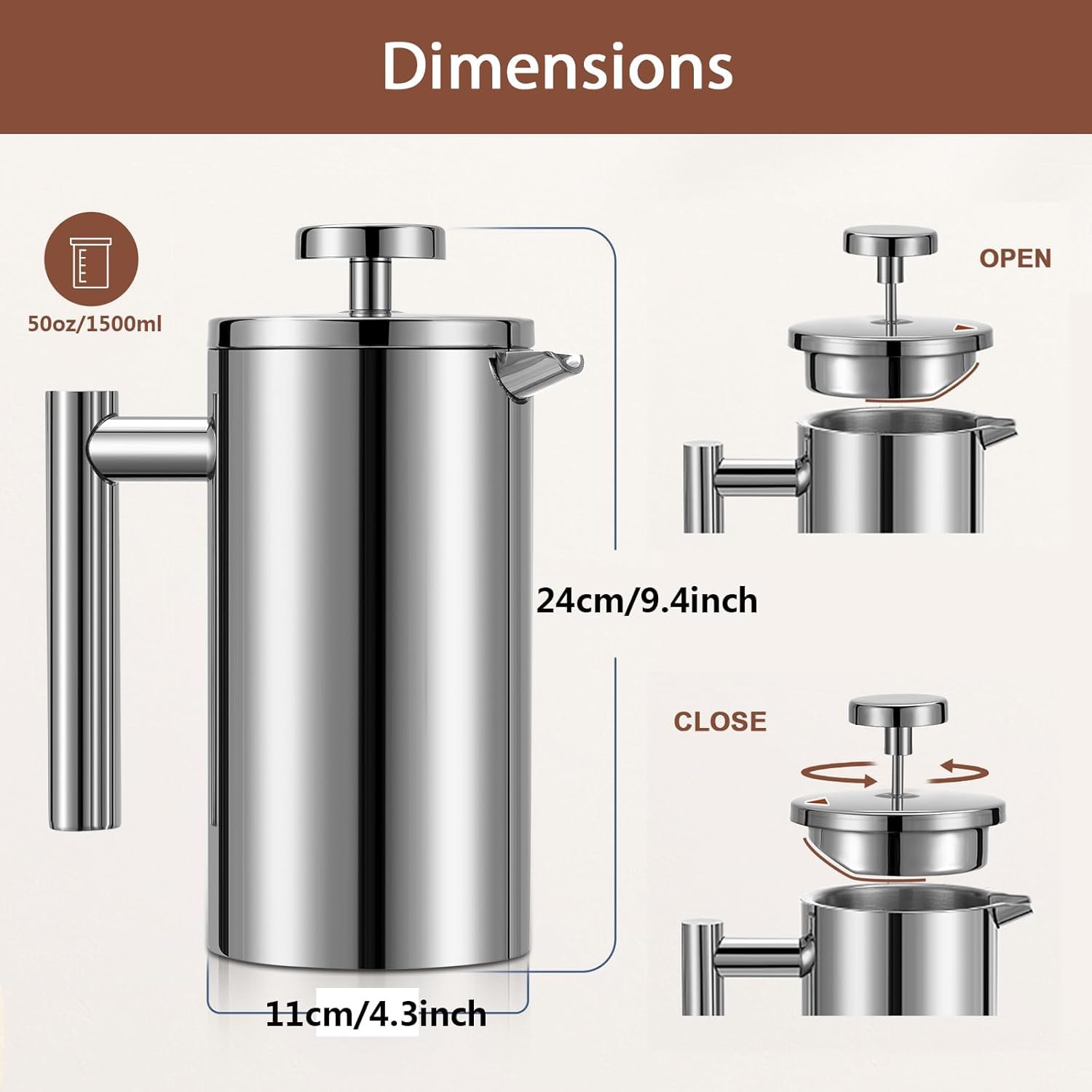 French Press - Caffettiera da 1,5 litri, in acciaio inox, a doppia parete, isolata, con 3 filtri extra (argento, 1500 ml, 6-8 tazze)