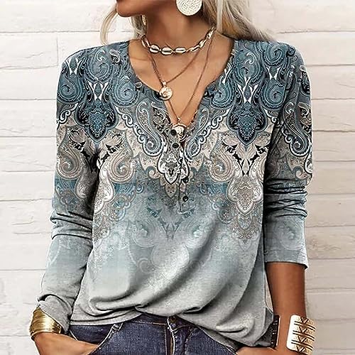 Womens Shirts Boho Ethnic Floral Long Sleeve V-Neck T-Shirts 2023 Fall Fashion Half Button Loose Blouses2