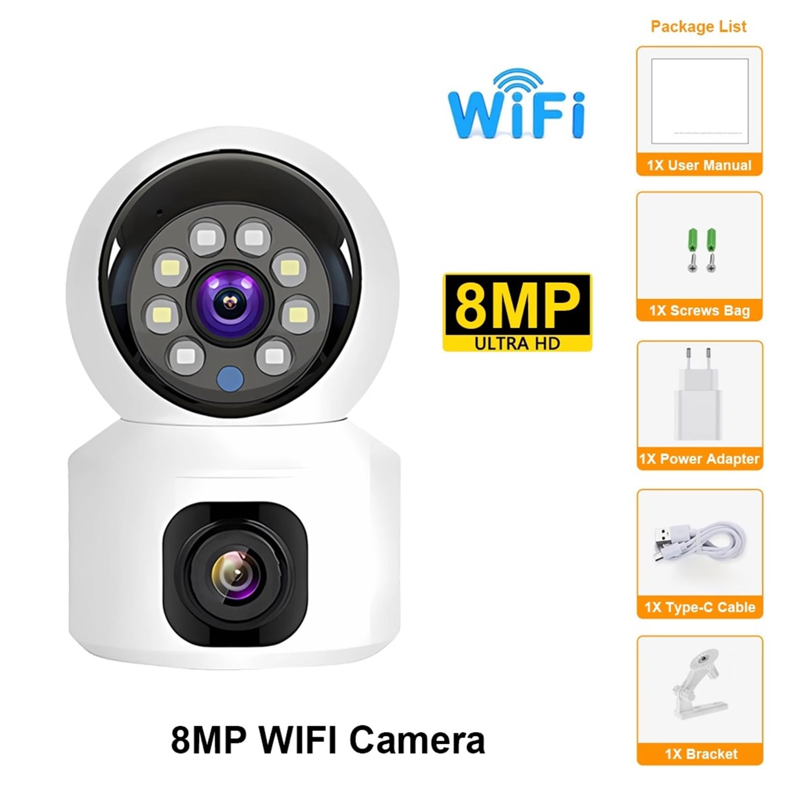 Kamera bezpieczeństwa zewnętrzna, Mini kamera HD bezprzewodowe podwójne obiektywy 8MP kamery IP inteligentny noktowizor CCTV bezpieczeństwo PTZ Camara wewnętrzna niania elektroniczna dla dziecka Kamer