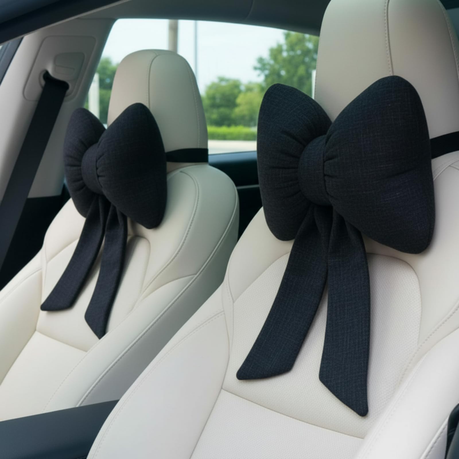 Macarrie 2 Pcs Car Neck Pillow Breathable Bow Headrest Pillow Comfortable Seat Neck Support Cute Bow Car Accessories for Driving Travel Driver Chair Girl Style Interior Decor (Black)-image-24