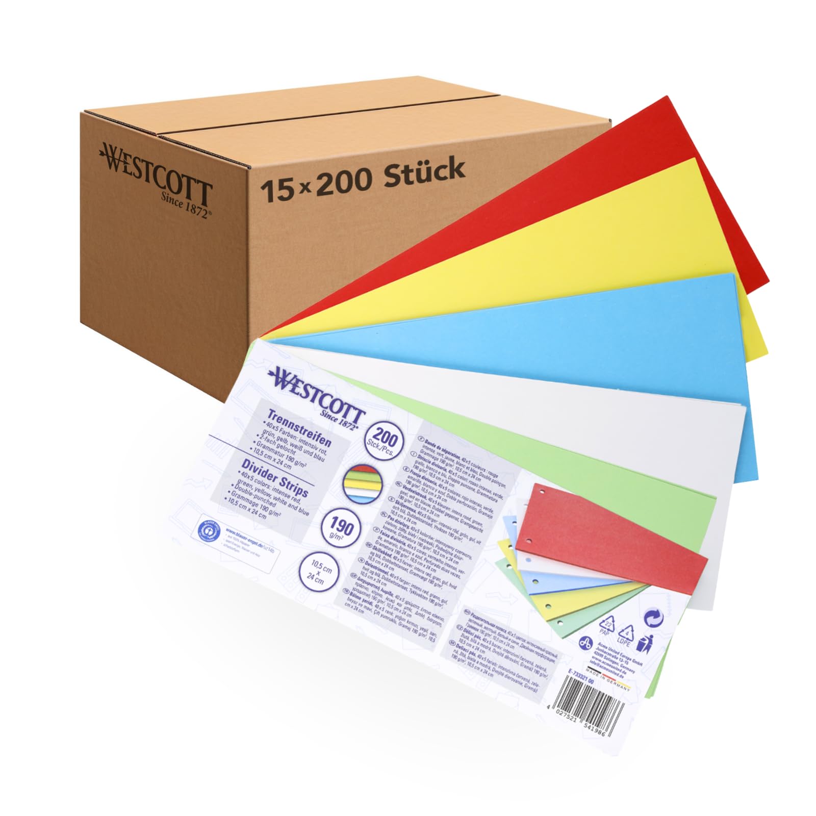 Westcott Trennstreifen 200 Stück Intensivfarben Mix (15er-Pack) | Robuste Heftstreifen 190g/m² für A4 Ordner | Trennblätter 10,5 x 24 cm | Register 2-fach-Lochung für DIN-A4 Dokumente | E-733321 00