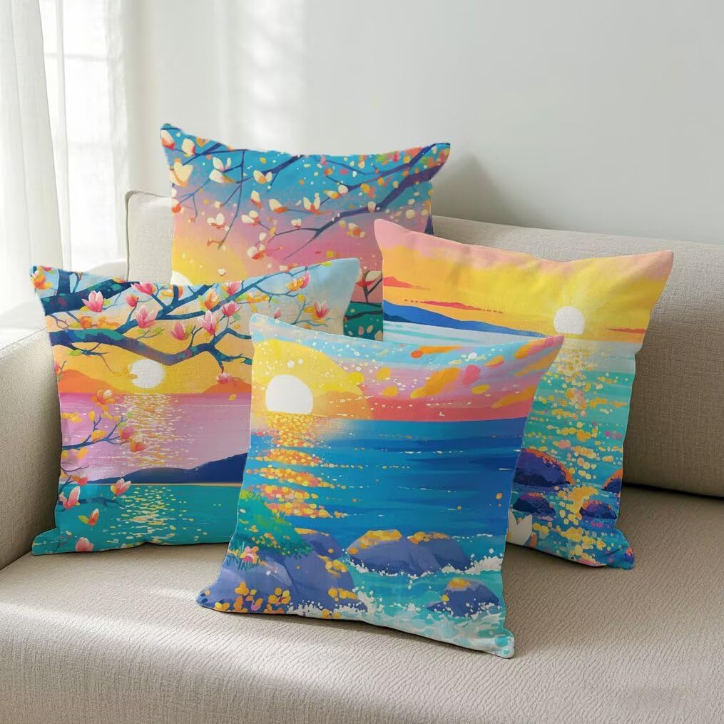 Fundas Cojines 45x45 cm Exterior Cojines Costa Fundas de Almohada Juego de 4, Cuadrados Funda Cojin Verano Almohadas con Cremallera, Sofa Cama Decorativos para Hogar, Jardín, Salón y Dormitorio Ym193