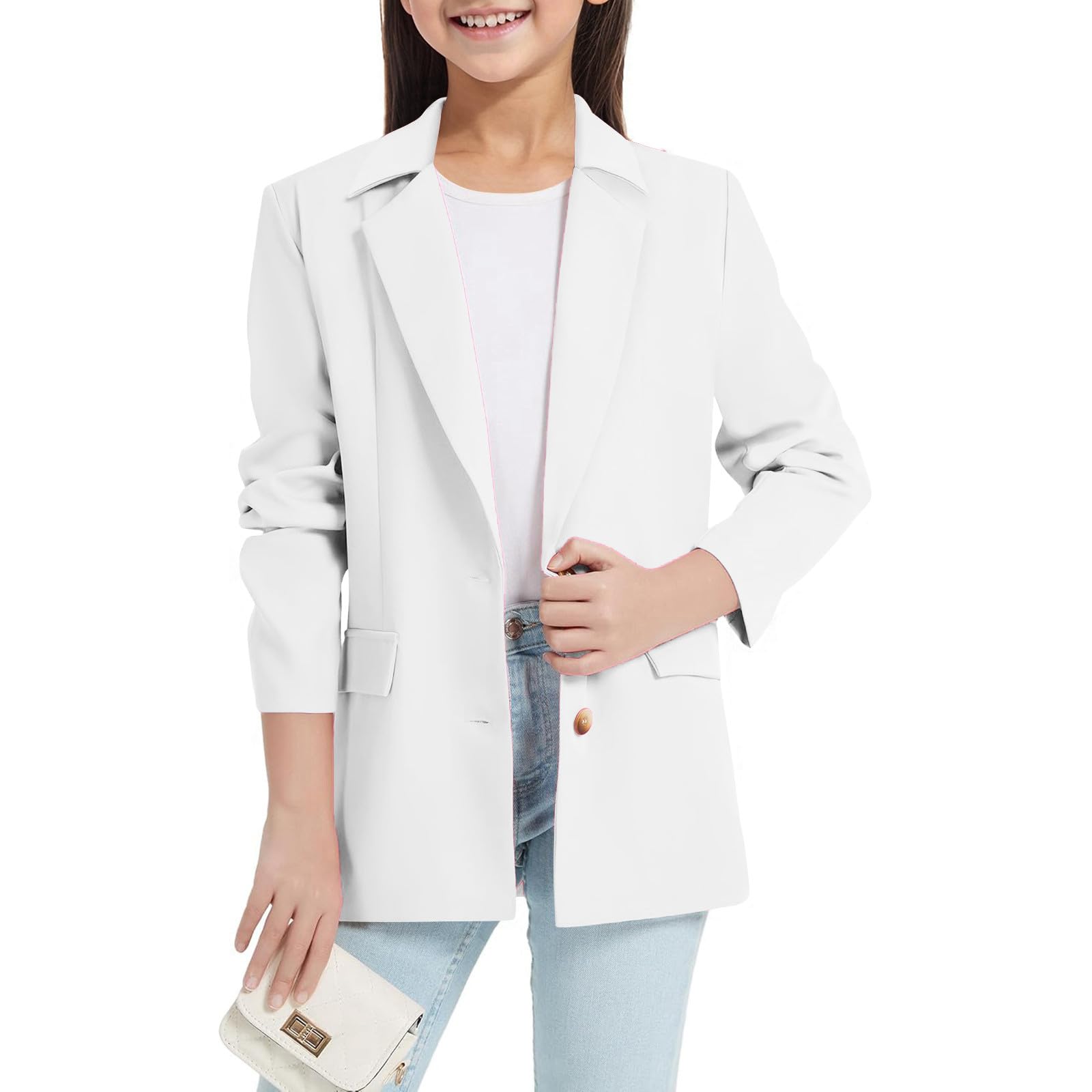 Chaqueta blazer niña manga larga cuello solapa bolsillo interior traje casual abierto delantero