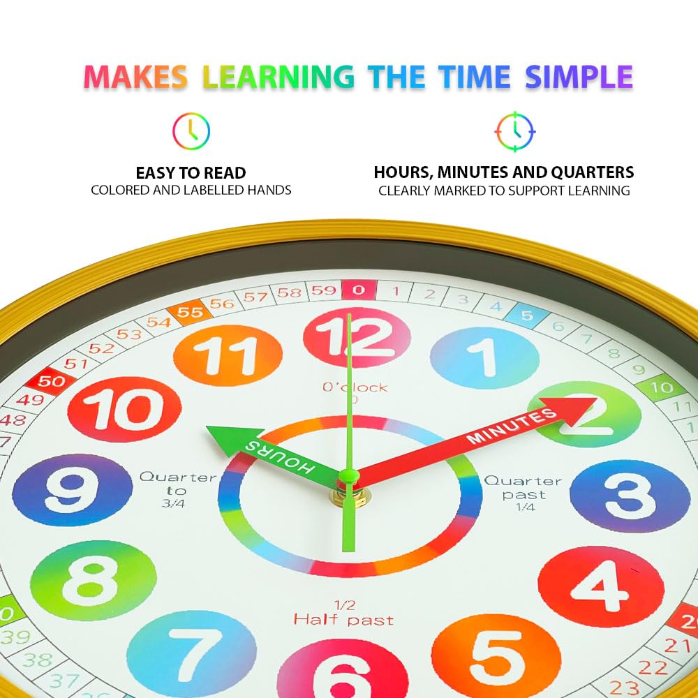 Park Madison 12 Inch Kids Learning Clock - Silent, Non-Ticking, Teaches Analog Time - Ideal for Bedrooms, Classrooms, Gifting
